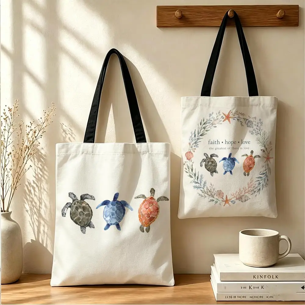 Sea Turtle Storage Bags Canvas Tote Bag Women Large Capacity Reusable Shopping Shoulder Bag Daily Handbag