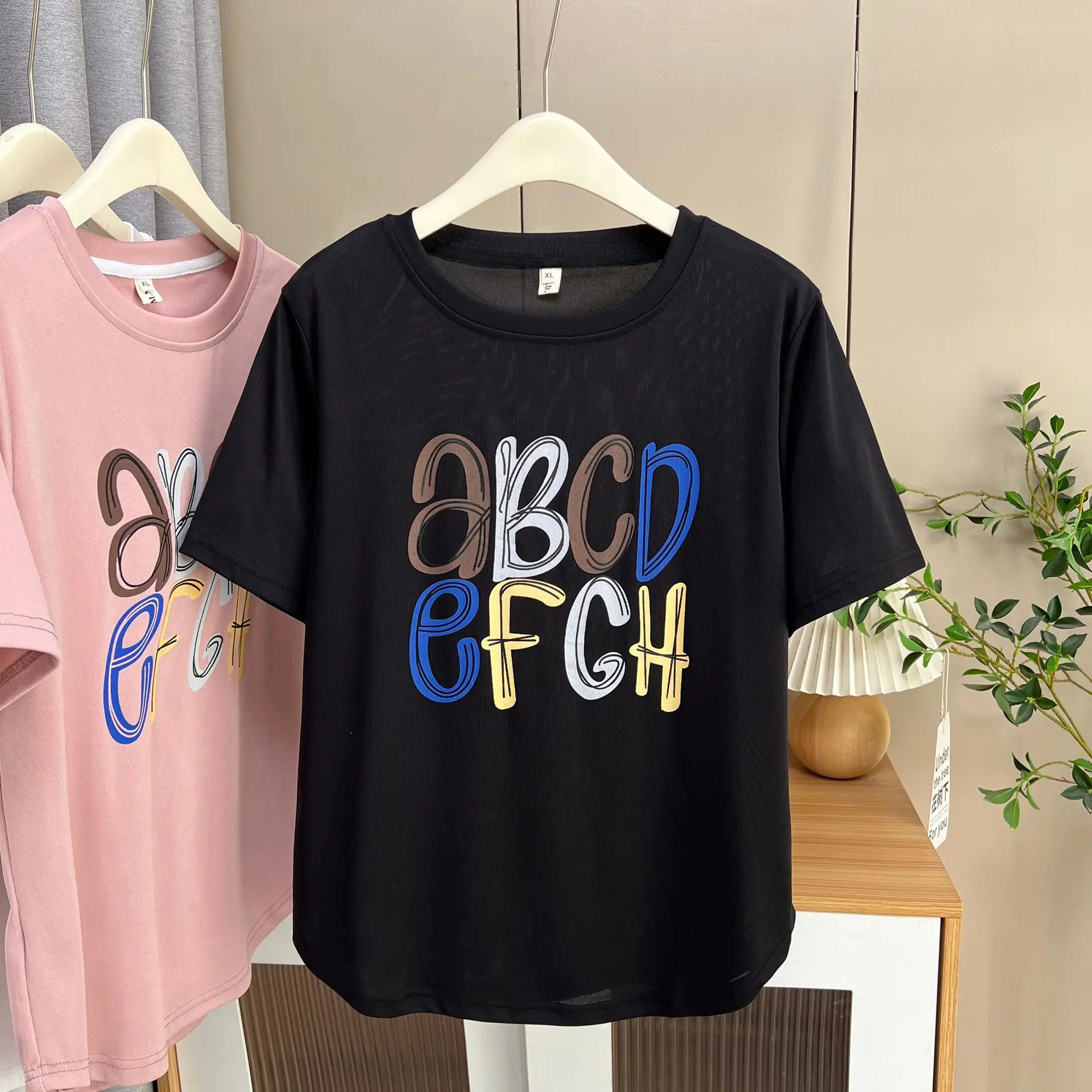 

Летний хлопковый топ из ледяного шелка, новый повседневный простой круглый вырез с принтом, цветные футболки с короткими рукавами и буквами, женская футболка больших размеров 113