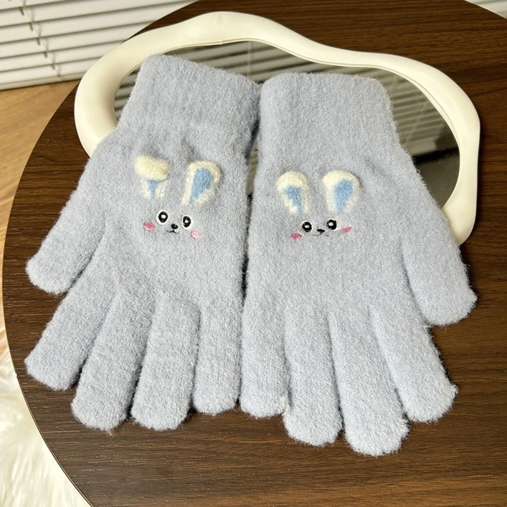 Polyester Full Finger Embroidered Gloves Rabbit Pattern Daily Use One Tip Thick Gloves Cycling Winter Warm Gloves Outdoor Wear