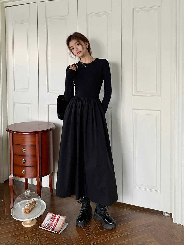 

Spring Autumn Balck Knitted Dress Women Long Sleeve Hollow Out Vintage Casual Knitting Dress Evening Party Birthday Dresses