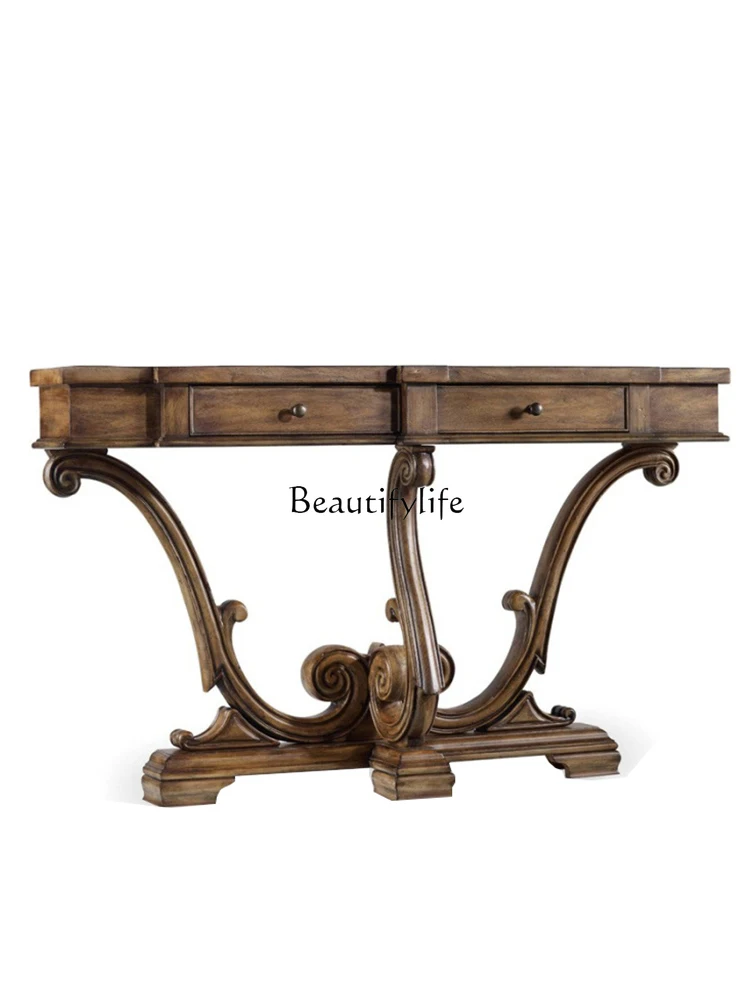 French Retro Solid Wood Console Home Wall Decoration Corridor Distressed Side View a Long Narrow Table