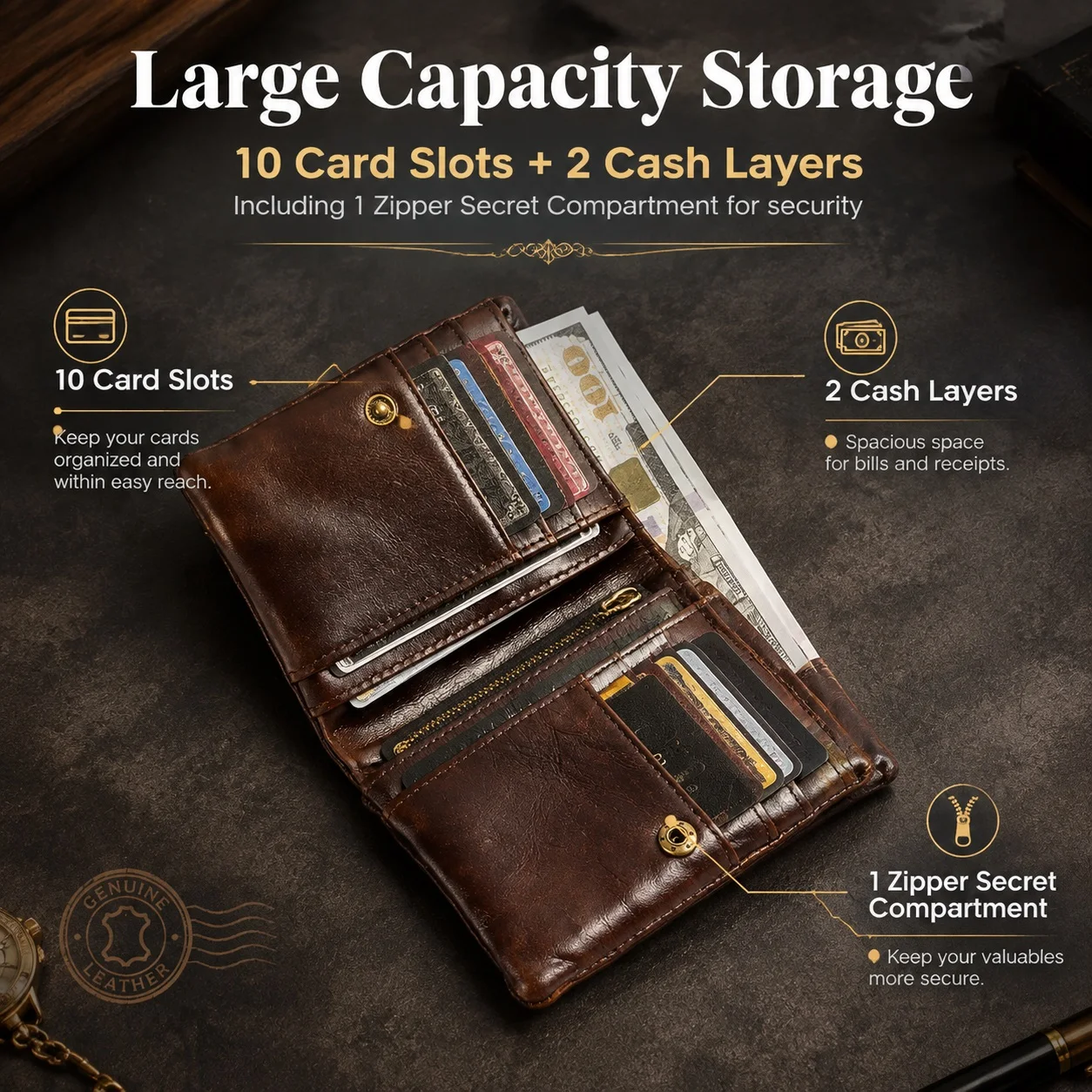 Top Grain Cowhide Men's Business Wallet, Genuine Leather Bifold Card Holder with Coin Pocket, Ultra Thin Money Clip Multi Slots