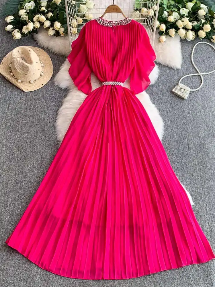 Cristal luxe robes de soirée formelles femmes été ample grande taille à manches courtes plissée en mousseline de soie longue robe femme robes de soirée