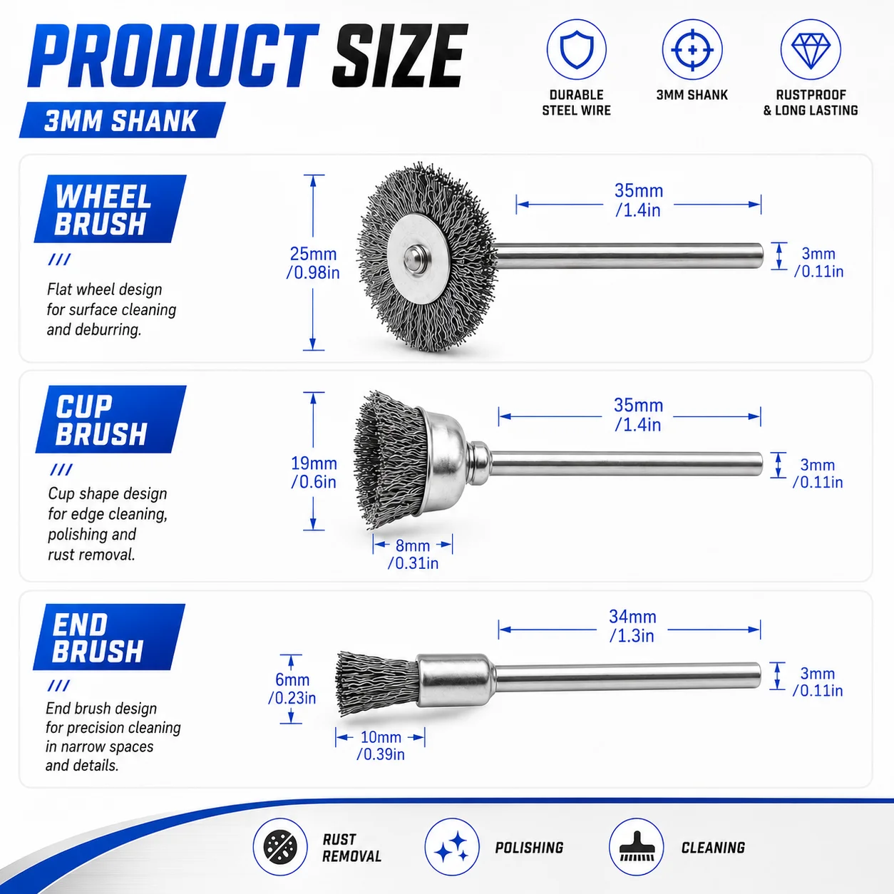 3Pcs Mini Steel Wire Brush, Drill Rotary Tool Cleaning Brush Wheel, Metal Rust Removal Polishing Disc for DIY
