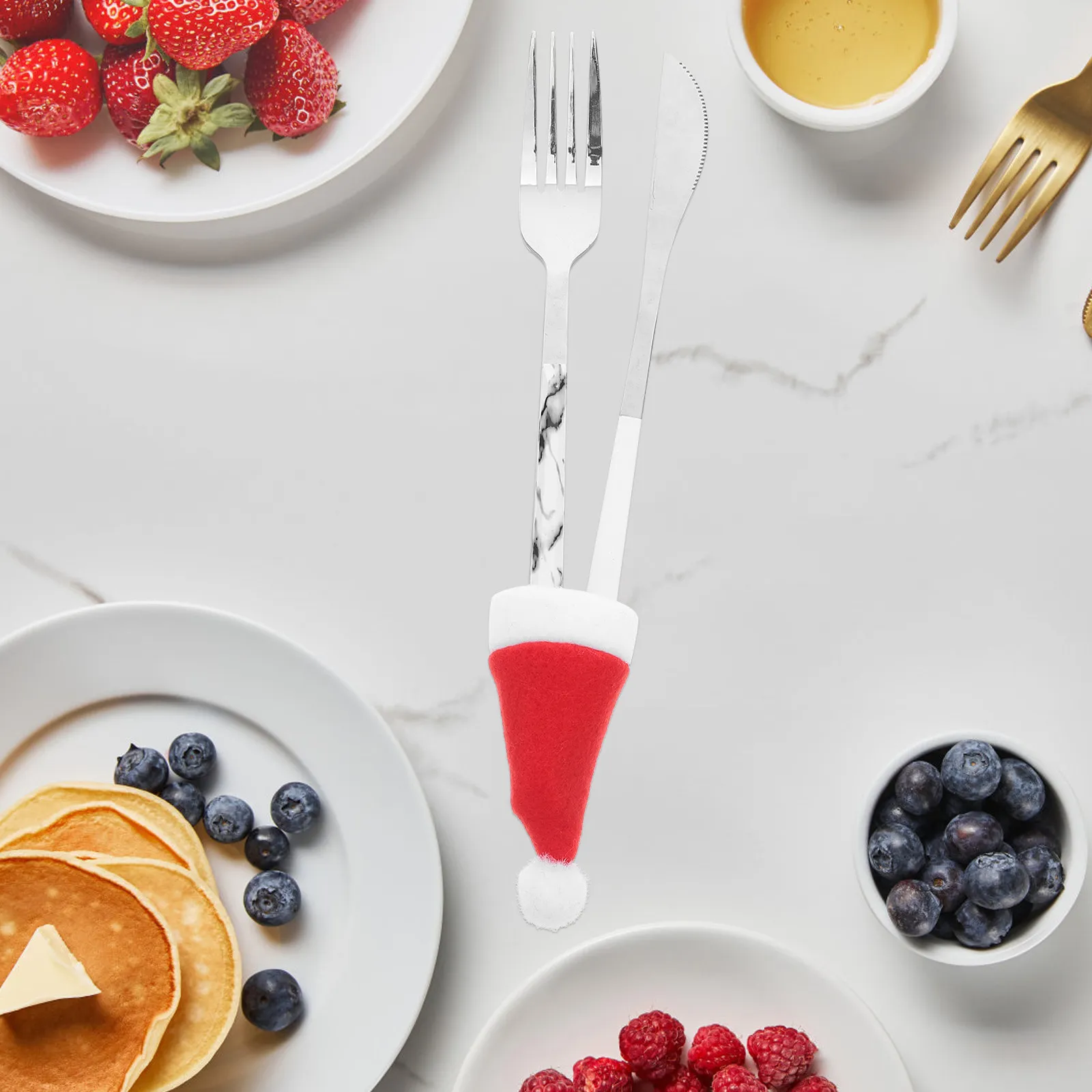 

30Pcs Mini Santa Claus Hat Holiday Cap - Silverware Christmas Bag for Dinner Table - Cute Party Headwear Decoration - Tiny Candy