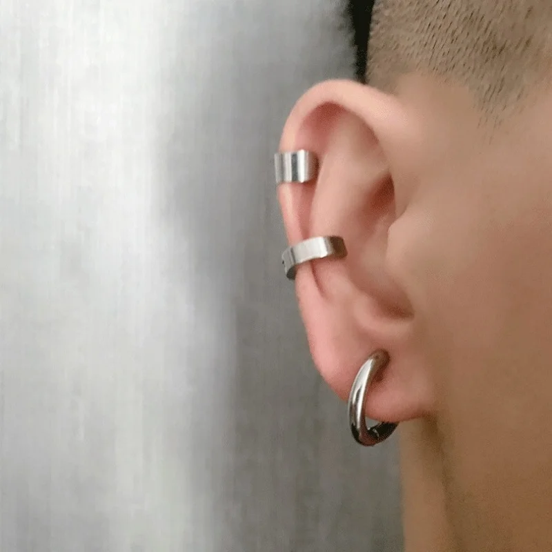 3pcs Stainless Steel Round Men Women Hoop Clip Earrings New Style Ear Clip Three-piece Set Bright Ear Bone Clip Street Simple