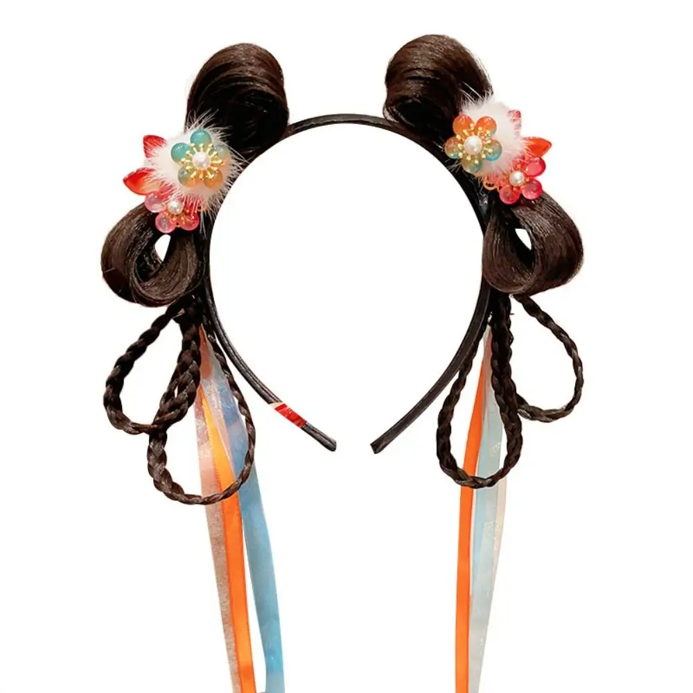 Simple Flower Children Wig Headband Braid Hair Tassel Chinese New Year Headwear Tang Suit Hair Hoop Plush Hanfu Hair Sticks Baby