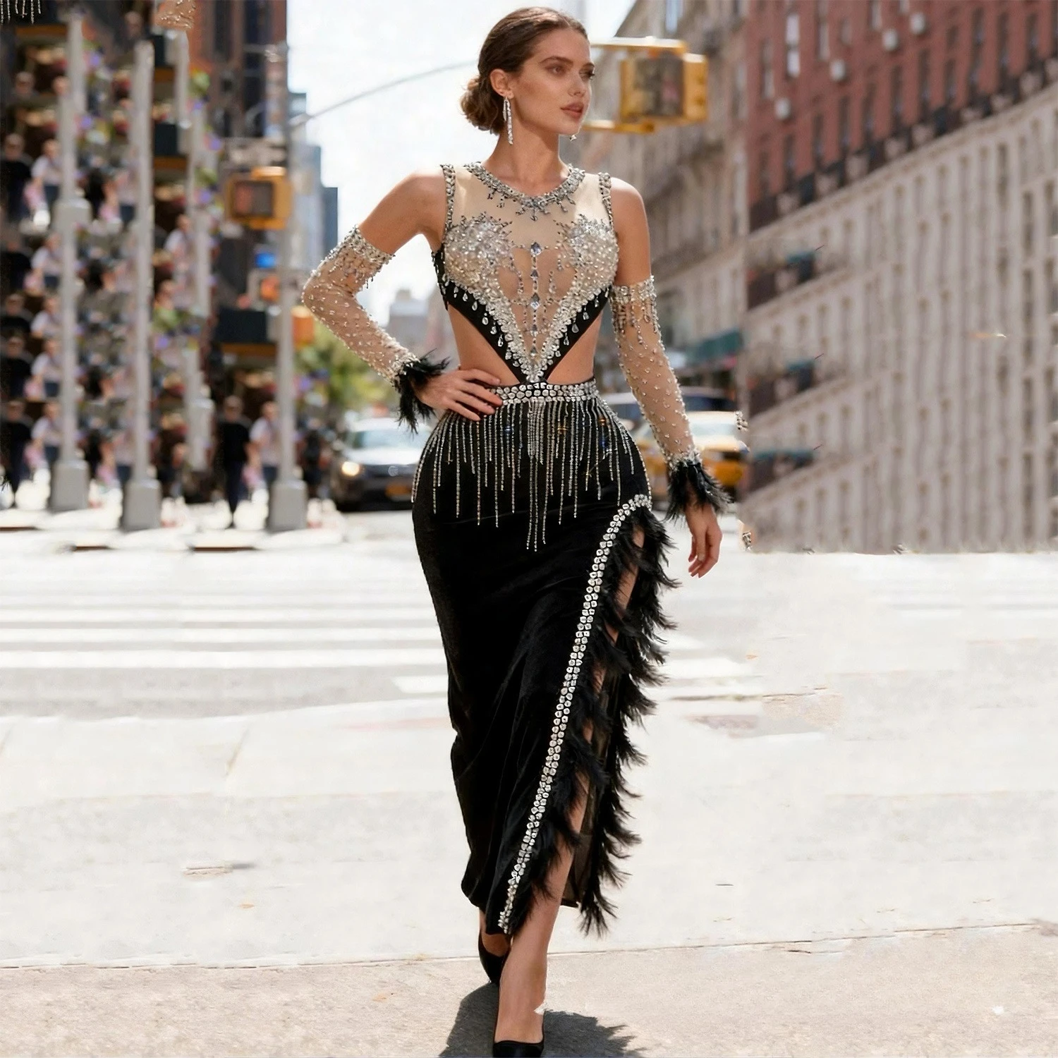 Sparkling Rhinestone Sexy High Slit Elegant Gown with Gloves Perfect for Wedding Party Birthday Photoshoot & Evening Events