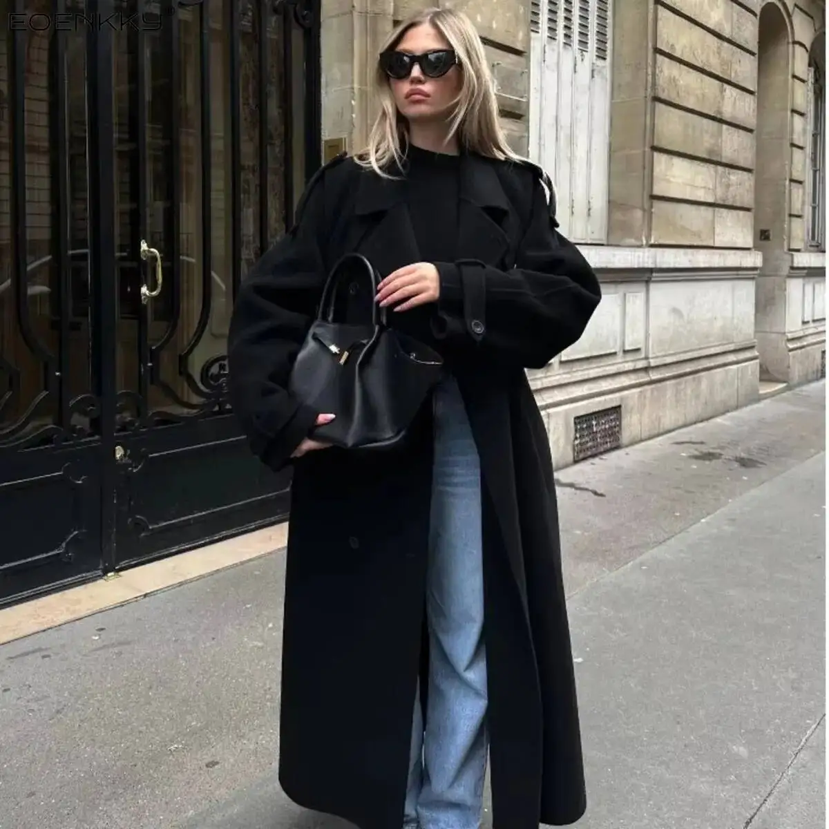 

Elegant With Belt Black Long Coat For Women Oversize Woolen Double Button Lapel Overcoat Autumn New Lady High Street Outerwear