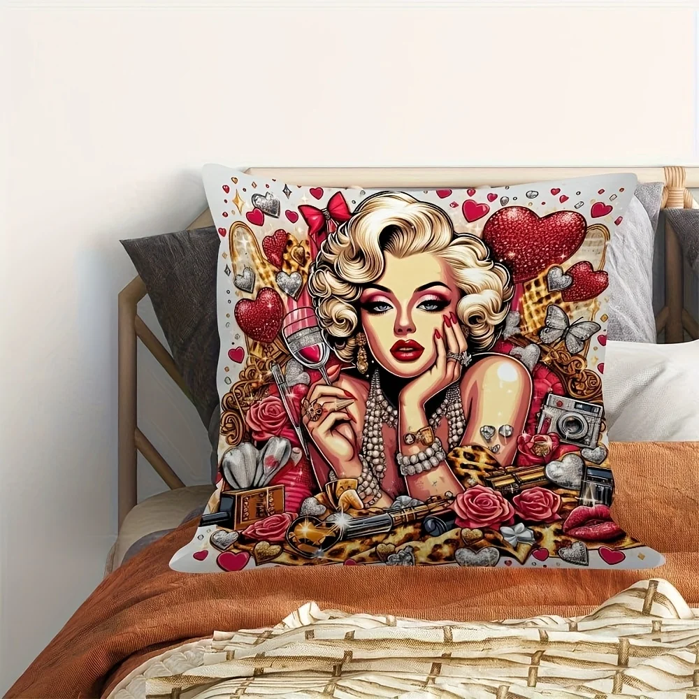 Vintage Blonde Girl Pillow Case, Retro Pin-Up Art Cushion Cover Romantic Rose Heart Home Decor for Sofa Bedroom Living Room Gift
