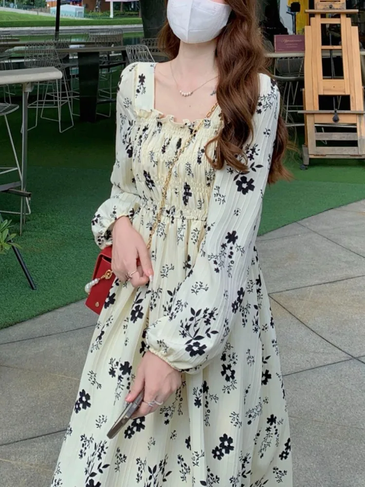 Ele Bloemenprint Chiffon Lange Sve Dr Dames Lente Herfst Nieuwe Sle Klein Maat Taille Cinching Afslanken Lange Dr