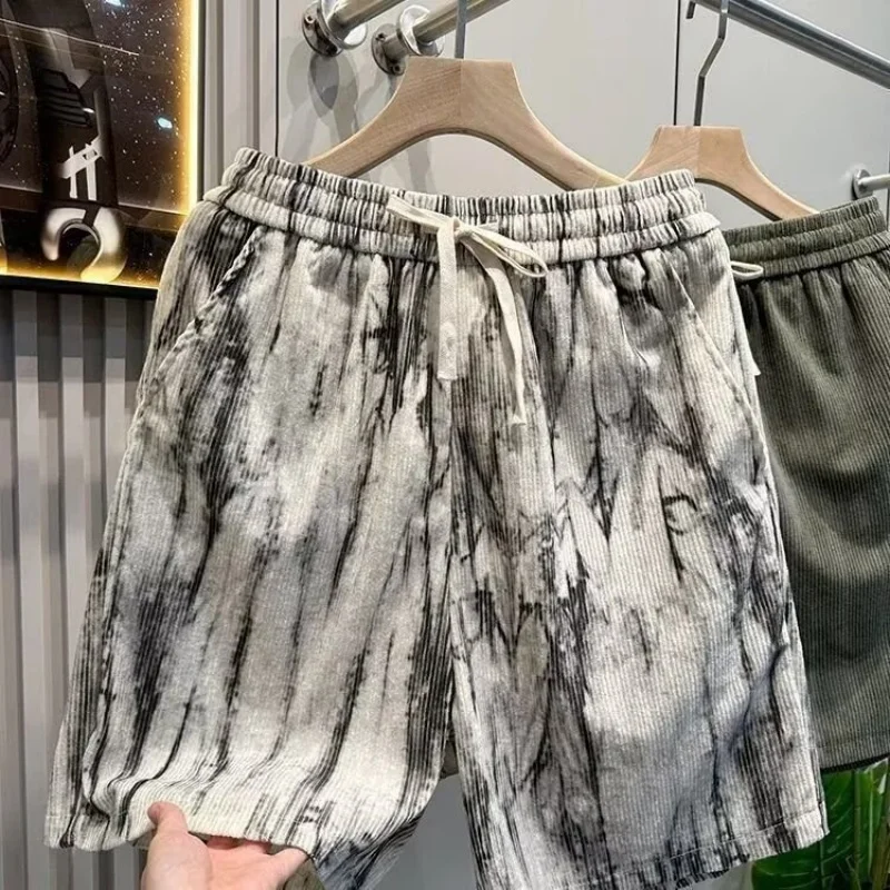 Retro tie dye striped shorts men's trendy brand high street loose casual five quarter pants summer thin ice silk shorts