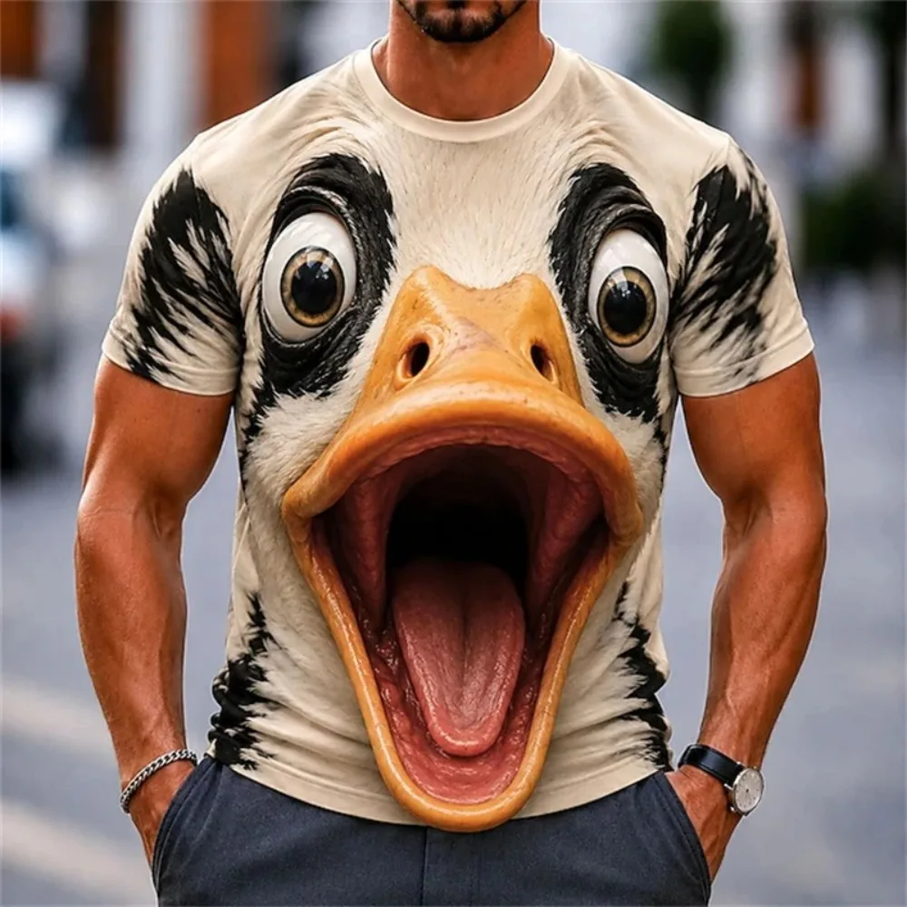 Herren-T-Shirt mit 3D-Druck und Stickerei, Rundhalsausschnitt – Lustige Kuh mit großem Gesicht, realistische Cartoon-Tiermuster, lässiges Party- und Elternhemd – Detail 10