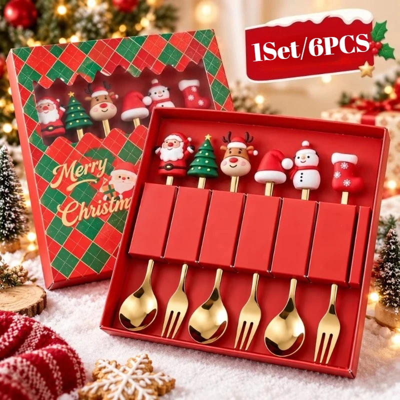 6-24PCS Christmas Santa Claus Spoon and Fruit Fork Set Cartoon Dessert Cutlery Gift Box for Coffee Tea and Holiday Table Decor