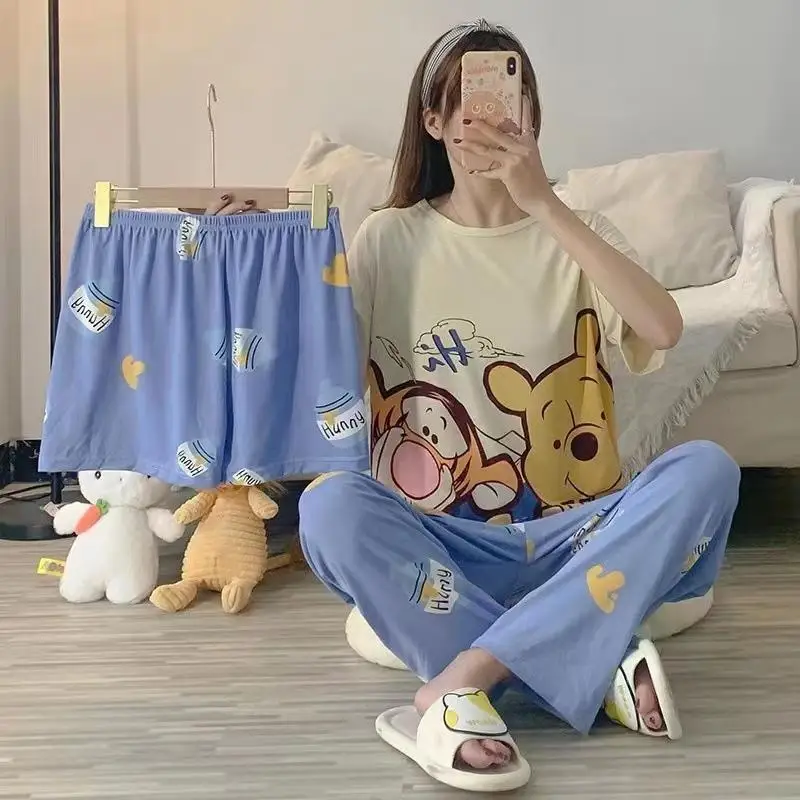 New Kawaii Mickey Mouse Pooh Bear Snoopy Pajamas Home Wear Short Sleeve Shorts Long Pants Three Piece Suit Soft Gifts For Girls