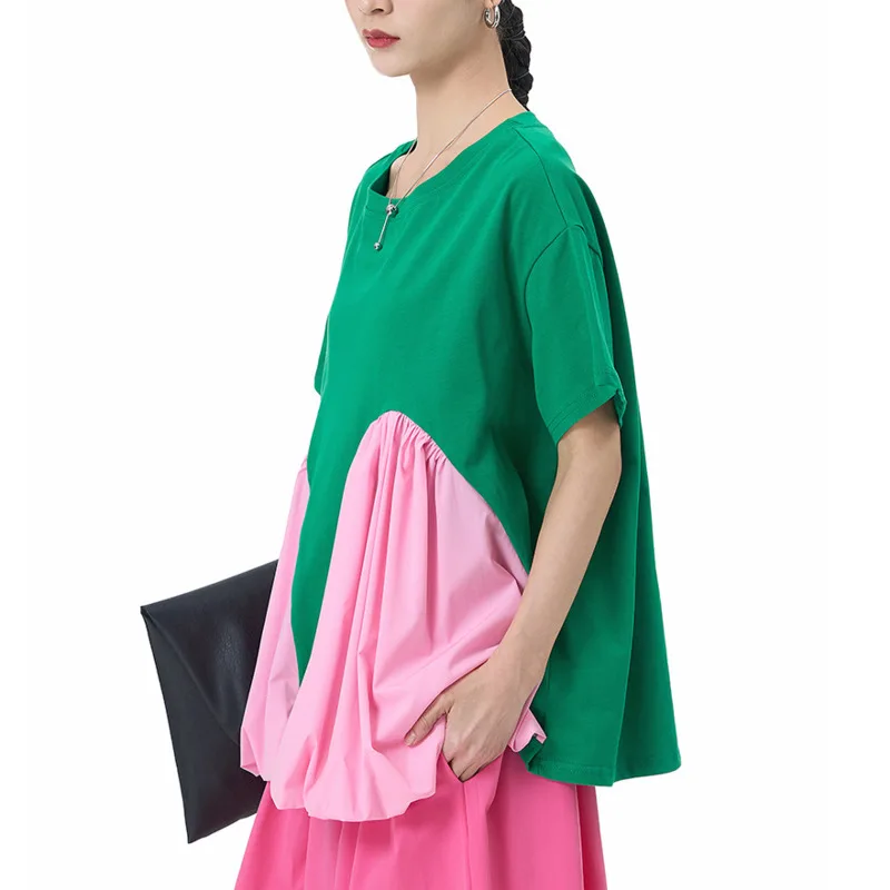 HKSH Women T-shirt Contrast Color Pleated O-neck Short Sleeves Oversized Slimming High Street Casual Fashion Tops Summer HK22618