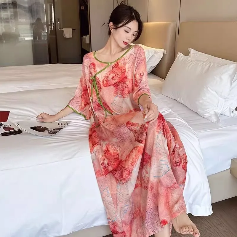 夏の新しい中国風ドレスマタニティドレス睡眠ドレス妊婦ドレスルーズロング妊婦ホームドレス-zi982