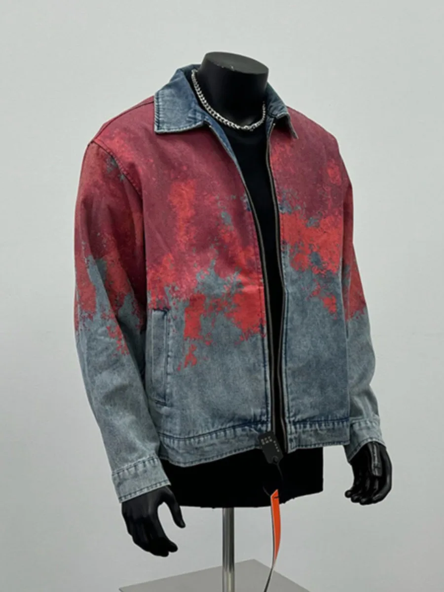 

Spray Paint Tie Dye Washed Retro Denim Jacket Men Varsity University Zip Bomber Coat High Street Old School Chic Cowboy Outwear