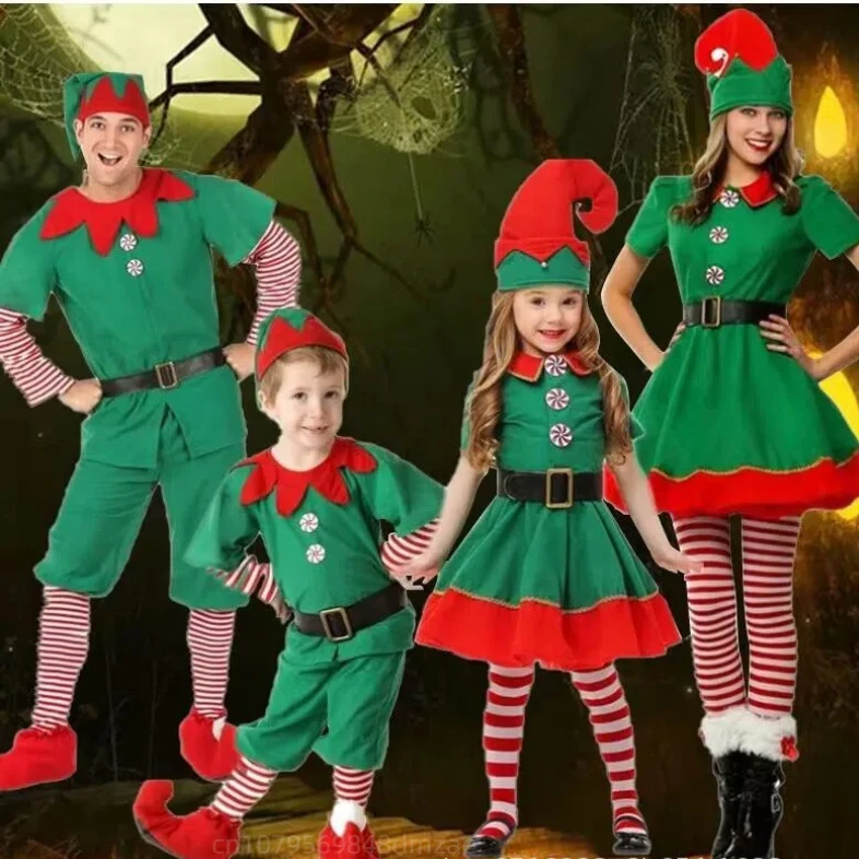 Christmas Costumes, Children's Cosplay, Christmas Elf Costumes, Parent-child Outfits, Men's and Women's Green Christmas Outfits