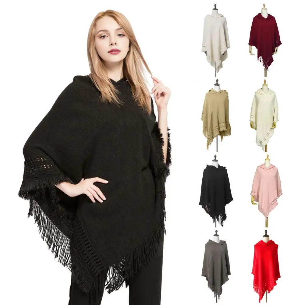 

New Women Ladies Tassel Cape Coat Hooded Tassel Decor Imitation Cashmere Knitting Cape Autumn Winter Casual Shawl Scarf