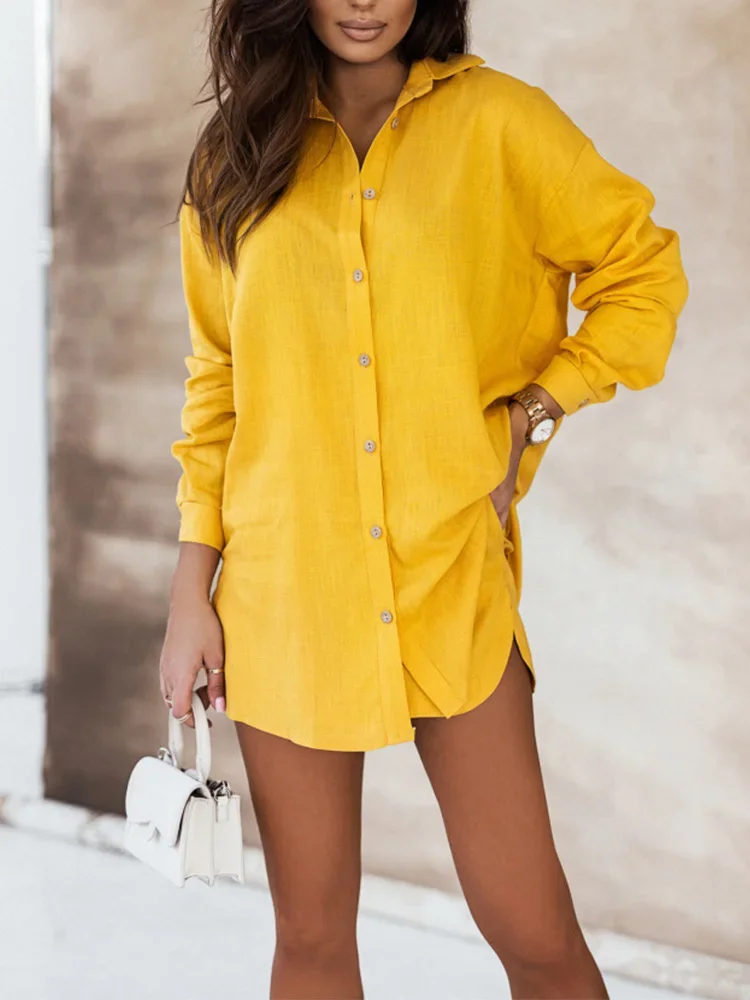 2024 Two Piece Set Womens Outifits Long Sleeve Shirt and Short Print Shorts Suits Vintage Casual Loose Elegant Lapel Female Suit
