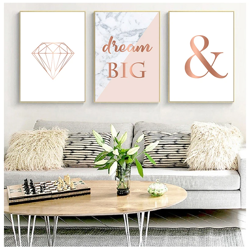 Pink Marble Posters and Prints Gray Rose Gold Canva Art Painting Ampersand Diamond Wall Art  Wall Pictures for Living Room