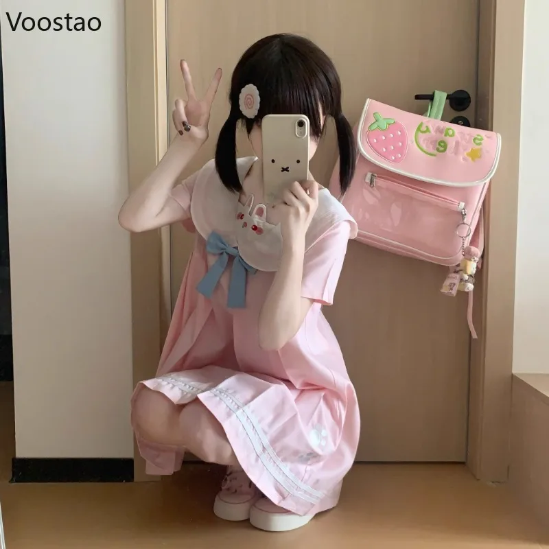 Rosa Kleid im Lolita-Stil, japanische Frauen, Kawaii-Cartoon, Hasenohren, Schleife, Matrosenkragen, Partykleider, süßes Mädchen, süßes Prinzessinnenkleid