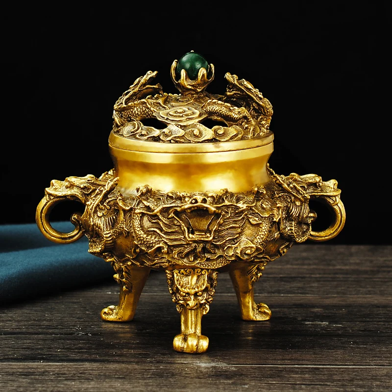Ornament All Copper Nine Double Dragon Playing with Pearl Incense Burner Home Office Coil I