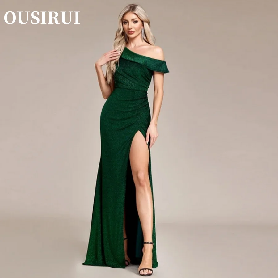 Slit Shiny Silver Thread Elastic Knitting Party Dresss Mermaid Green Long Dress Women Single Shoulder Long Evening Dress Side