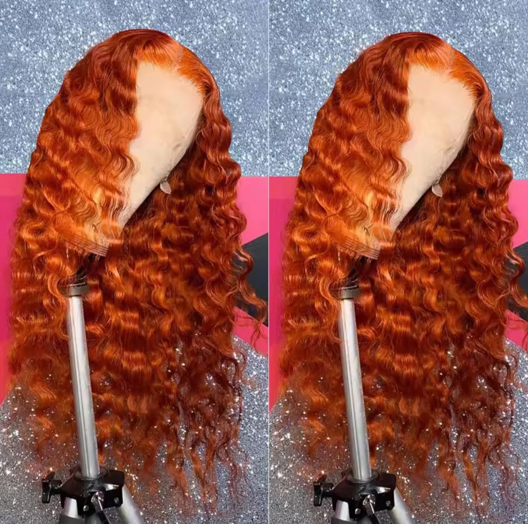 

Orange Ginger Honey Blonde Color 13X4X1 Water Wave Full Lace Front Wigs For Women Preplpucked Bleach Knots Heat Resistant Fiber