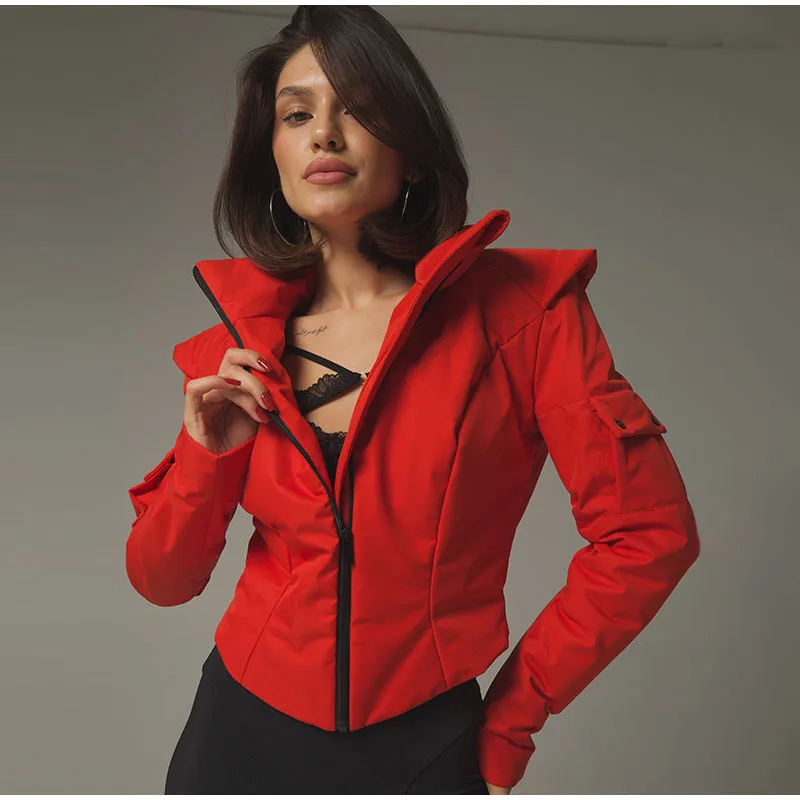 Women's Winter Coat Short Padded Coats Stand Collar Cinched Waist Pad Shoulder Zipper Jacket Street Warm Outerwear For Ladies