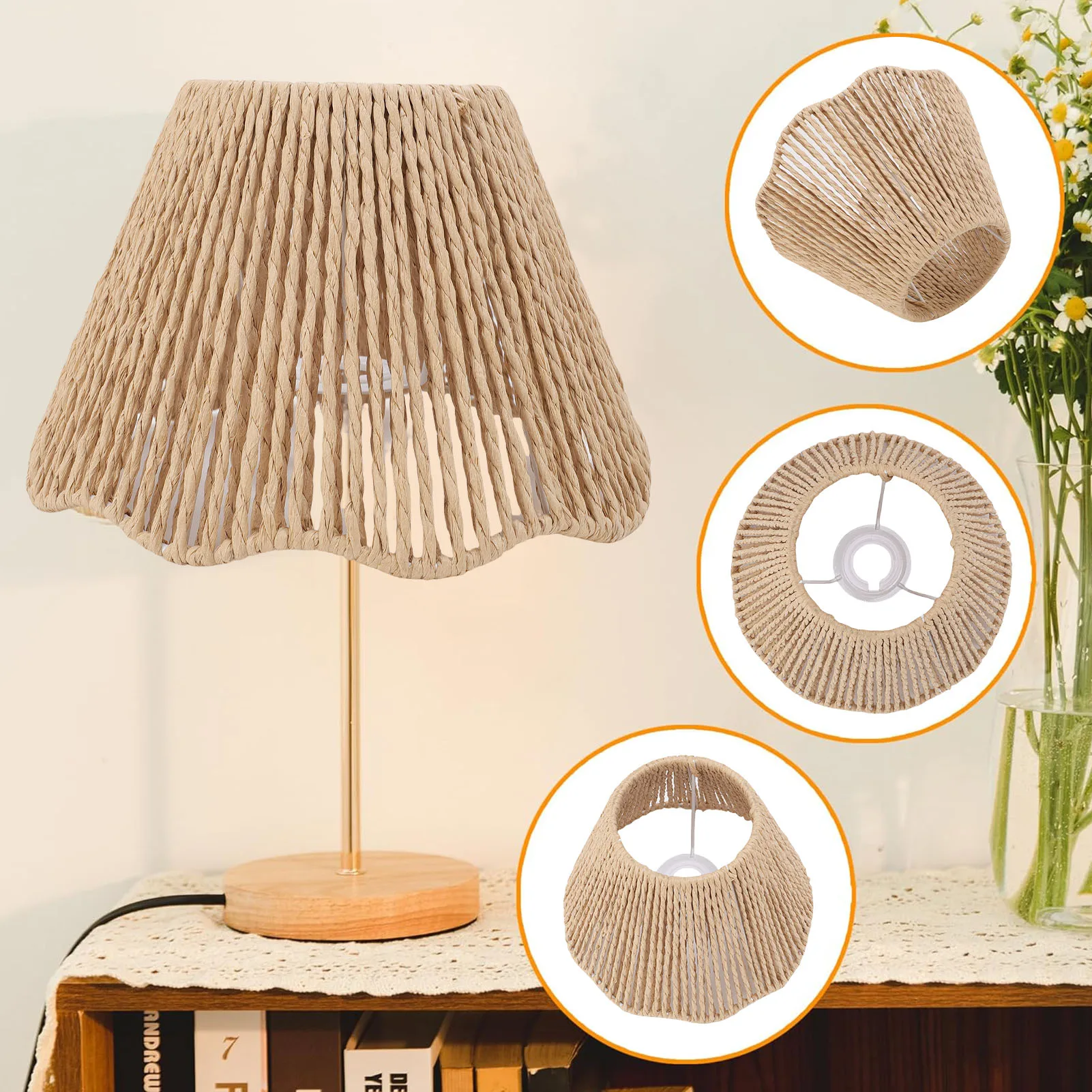 Rope Woven Desk Lampshade E27 E14 Decorative Waving Hem Lamp Shade for Kitchen Bedroom Cafe Rope Woven Lamp Shade