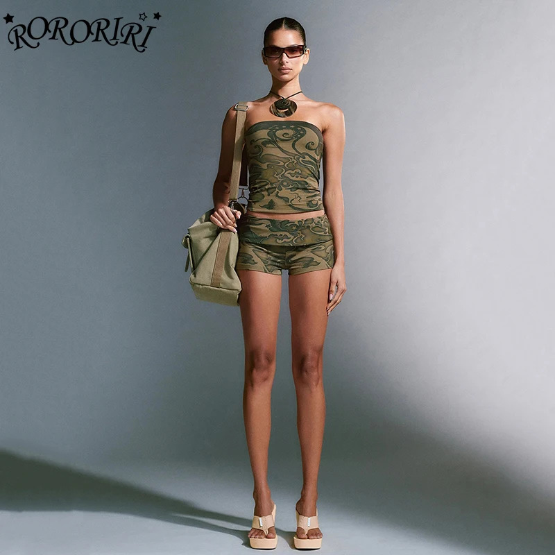 

RORORIRI Totem Print Corset Top Shorts Set Women Sleeveless Vest Crop Tube Top Low Waist Causal Pants Aesthetic Y2k Streetwear