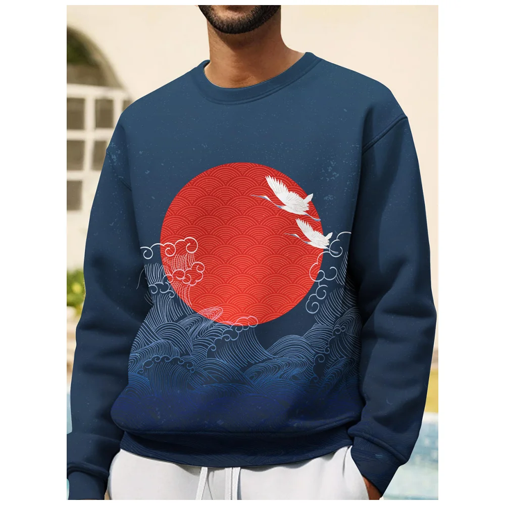 Japanese Ukiyoe Sweatshirt for Men Long Sleeve Tops Wave Graphic Clothing Oversized O Neck Pullover 2024 Streetshirt Boy Hoodies