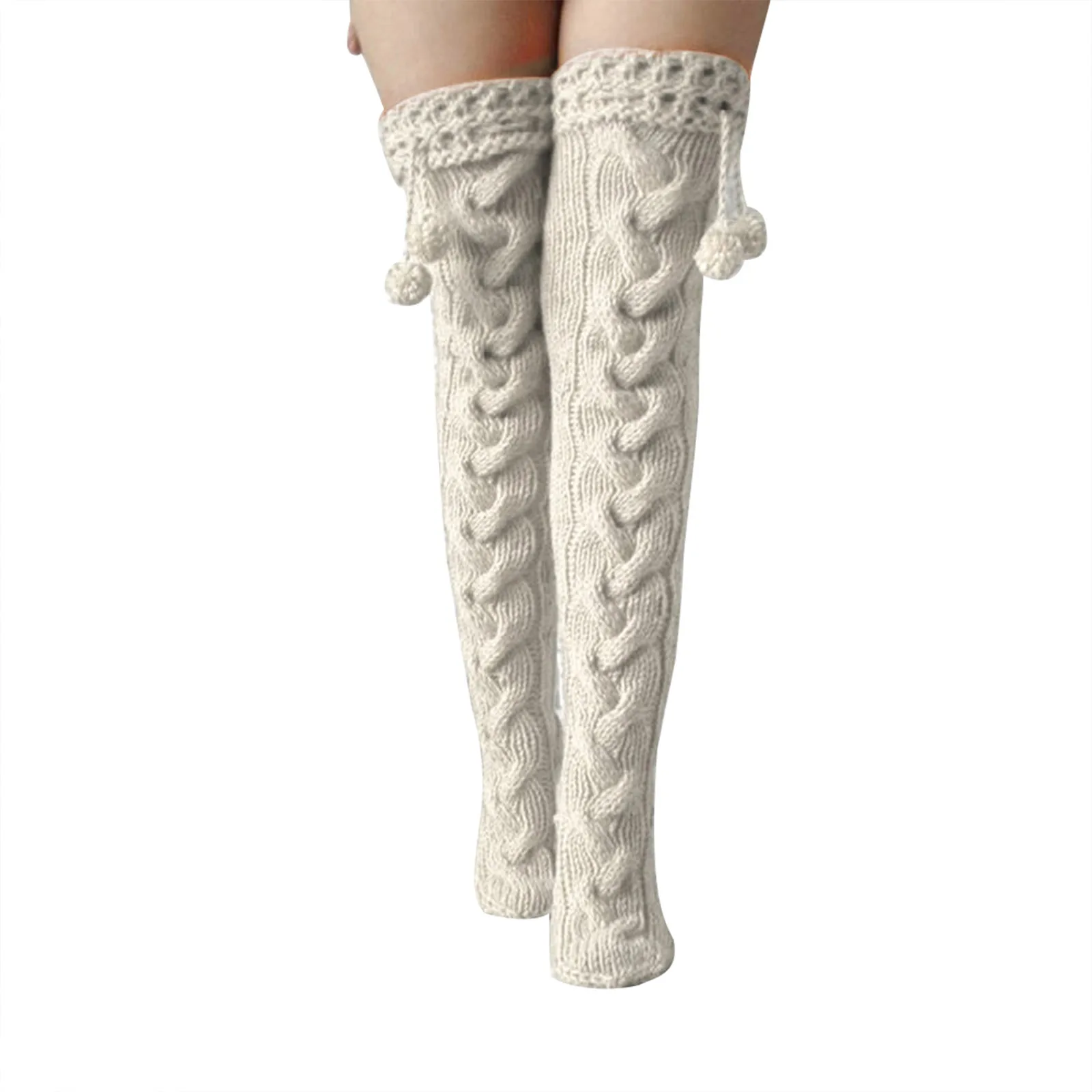 Women s Cable Knit Thigh High Socks with Fuzzy Pom Poms Cozy Over the Knee Winter Stockings Trendy Leg Warmers for Cold