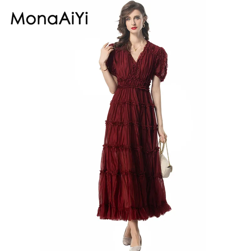 

MonaAiYi Summer Women's Dress V-Neck Short-Sleeved High Waiste Edible Tree Fungus Edge Design Vintage Party Ball Gown Dresses