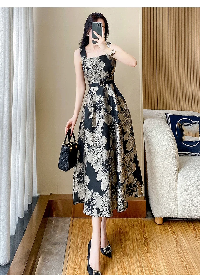 

Tingfly New Design Flower Jacquard A Line Midi Long Summer Vintage Elegant Party Dinner Dresses Lady Retro Casual Plus Clothings