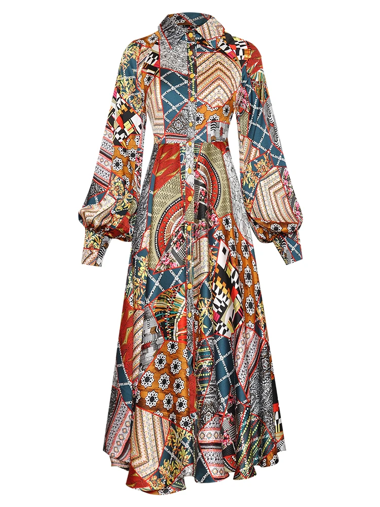 

High Quality Fashion Women'S New Summe Printi Bohemian Button Party Elegant Casual Runway Vintage Celebrity Slim Chic Midi Dress