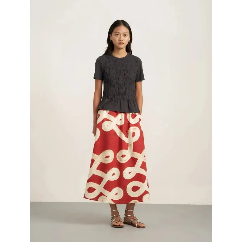 Women Vintage Summer Abstract Print High Waist Pleated Umbrella Midi Skirt S-XL
