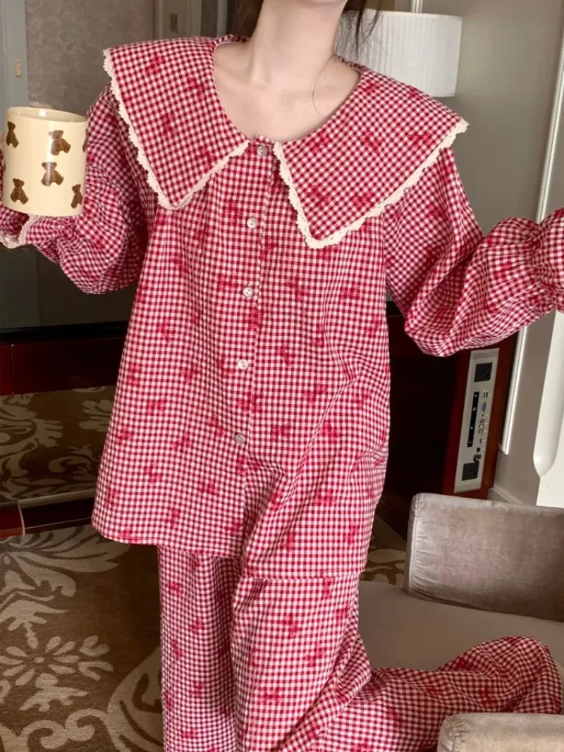 

Комплект домашней одежды. Новая сезонная ночная рубашка для женщин: пижама с длинными рукавами и брюками в клетку в кардиган.