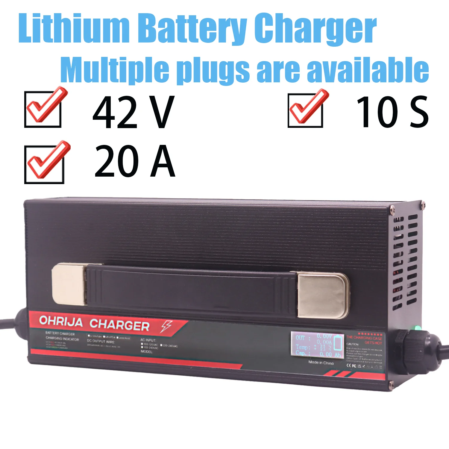 OHRIJA 42V 20A High power Fast Charger For 10 strings  Lithium Battery Charger igh-power intelligent display aluminum shell case