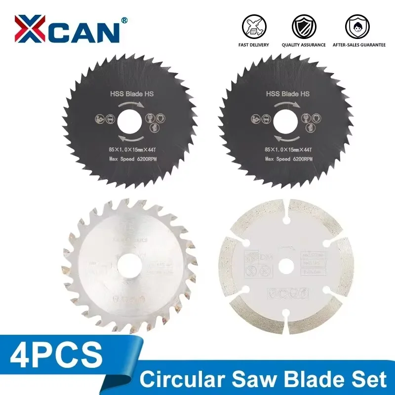 XCAN 4pcs Mini Circular Saw Blade Set 85x15mm HSS/TCT/Diamond Saw Blades Wood Cutting Disc for Woodworking PVC Plastic Cutting
