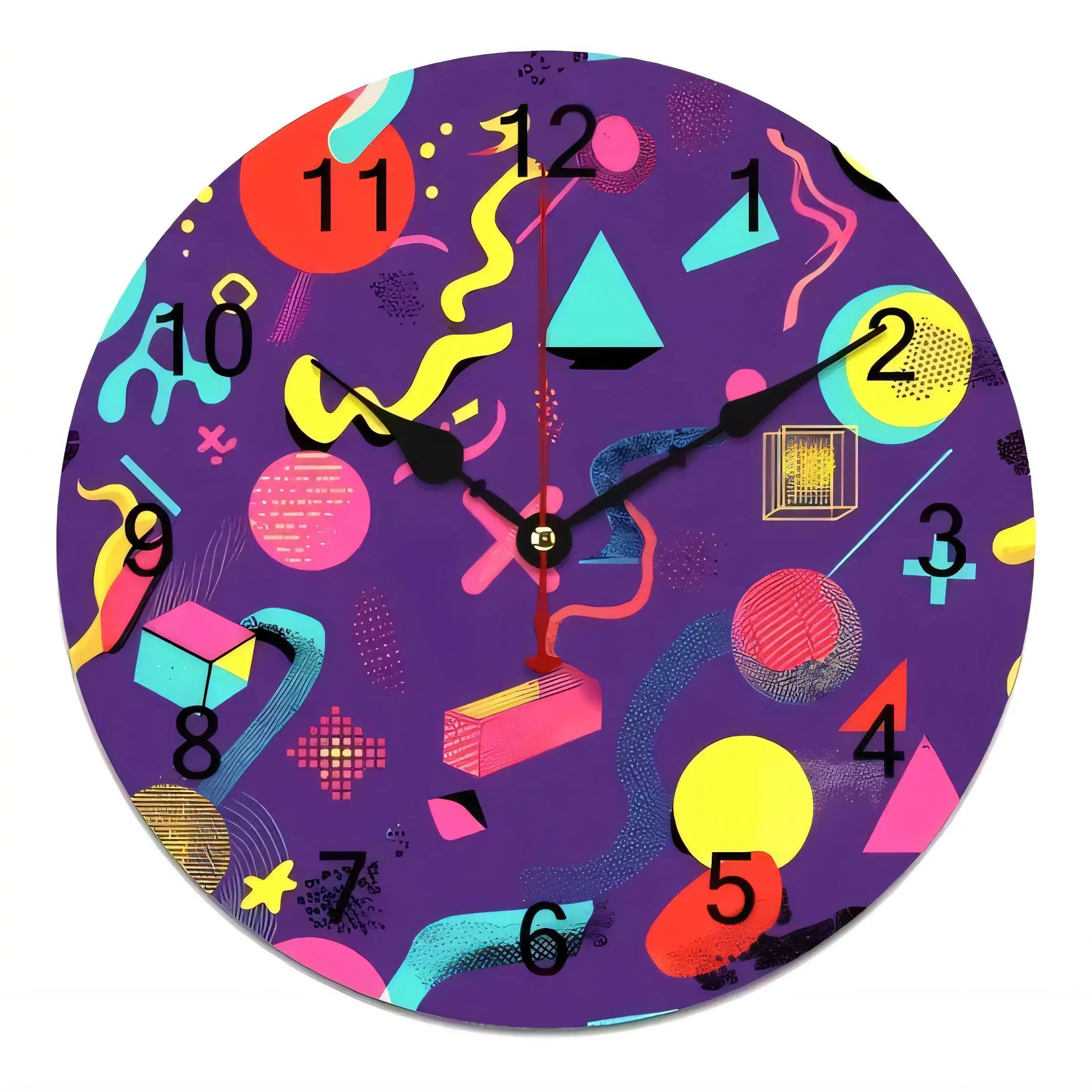 Memphis Style Round Wall Clock  Vibrant Geometric 1980s Retro Decor for Living Room Kitchen Silent Non Ticking