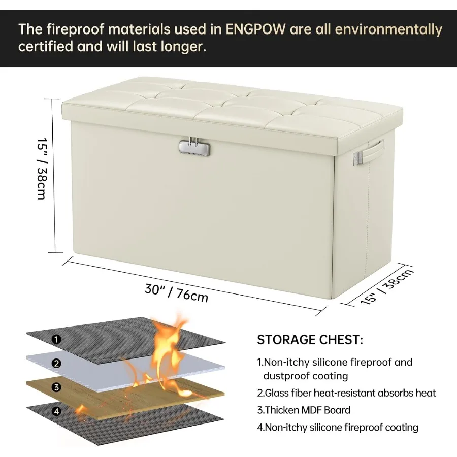 ENGPOW Storage Ottoman BenchFireproof Folding Storage Bench with Lock 30 Inches Fire＆Water Resistant Storage Chest Foot Rest St