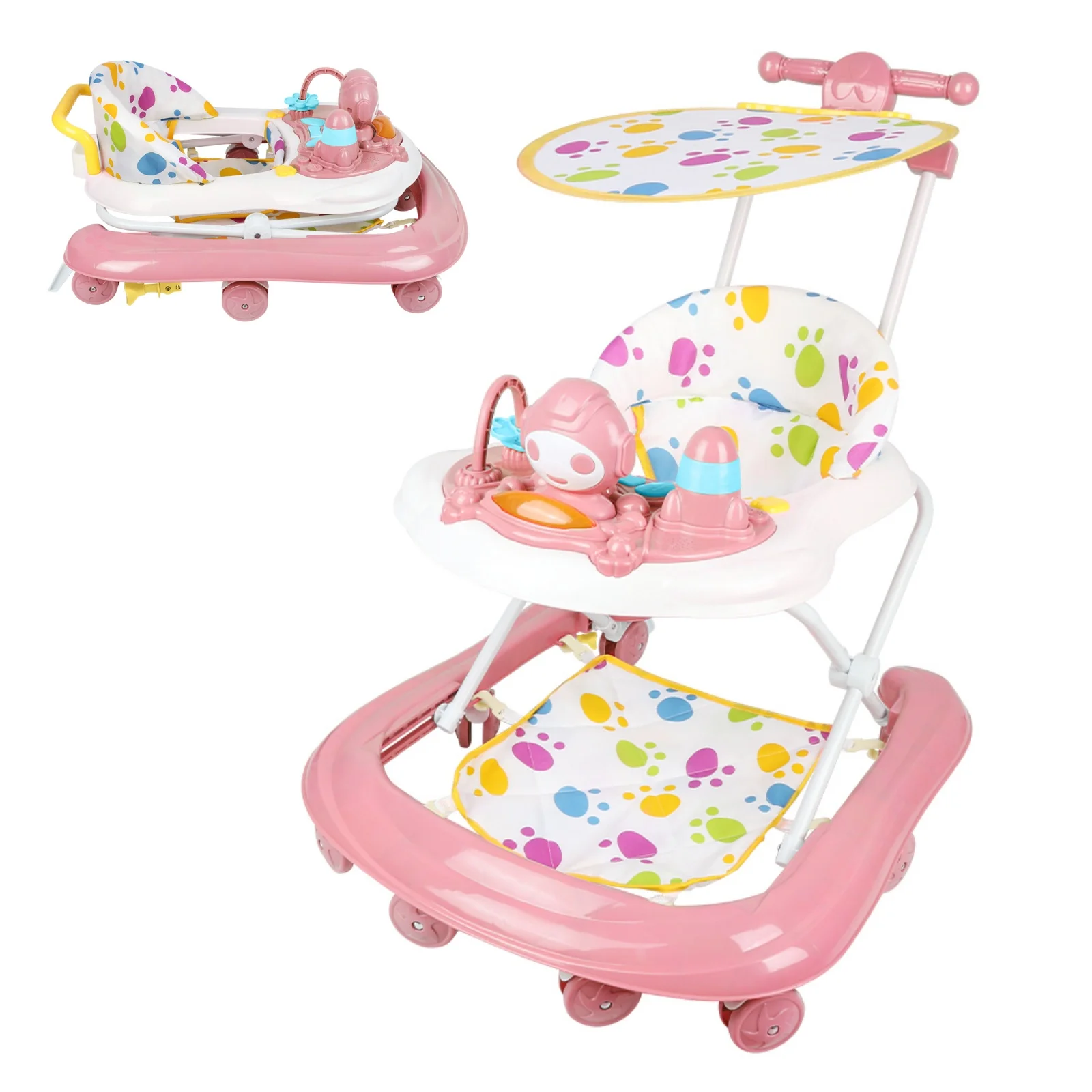 Girello 3 in 1, girello pieghevole con tendalino, girello da 6 mesi con 360 °   Ruote, vassoio di alimentazione e centro giochi