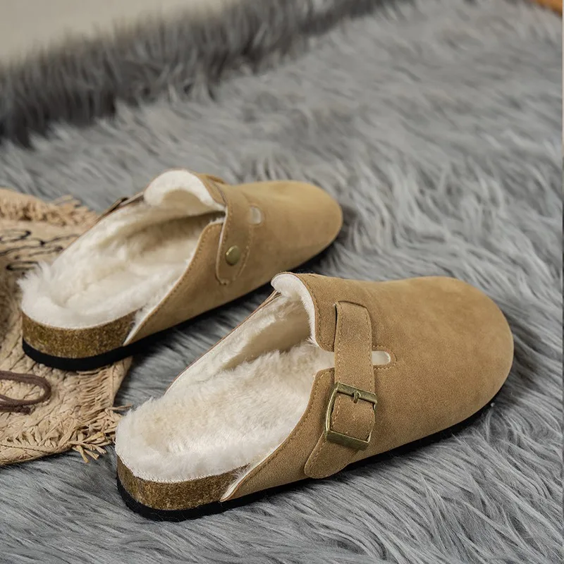 Comwarm Fur Lined Clogs for Women Men Winter Fuzzy Cork Slippers Fur Cork Mules Short Plush House Cork Shoes Winter Zuecos Mujer