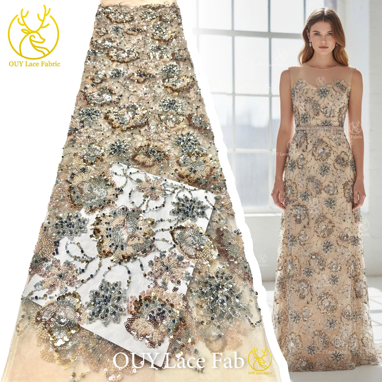 Luxuriöses High-End Nigerianisches Damen-Partykleid für Abschlussball 2026, Afrikanischer Bräutigam-Stickerei-Perlen-Spitzenstoff, Französische Pailletten-Spitze – Detail 5