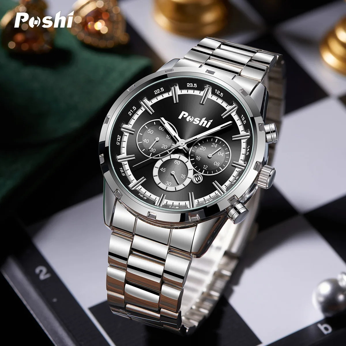 

POSHI Original Brand Quartz Watch for Man Fashion Business Wrist Watches Luminous Hands Stainless Steel Strap with Date Clock