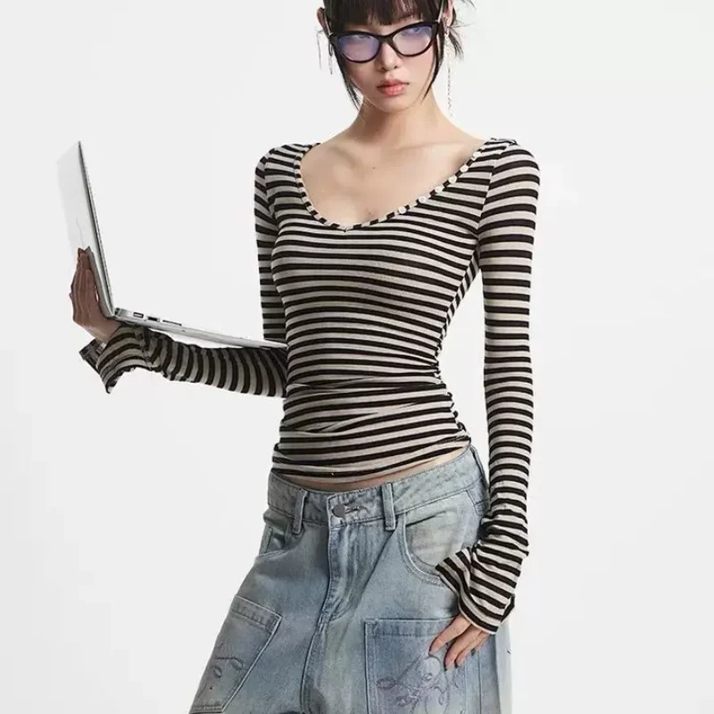 summer sexy waist cinched women's top American retro spicy girl trumpet sleeve striped V-neck long sleeved women's T-shirt