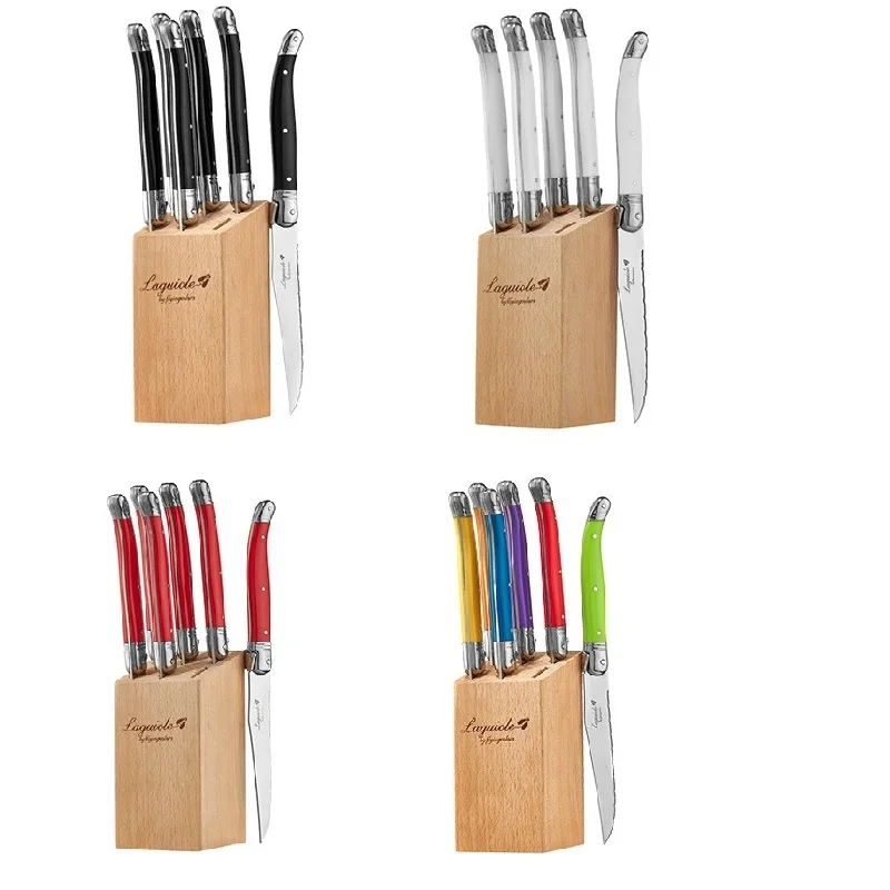 

6pcs Black Laguiole Steak Knives Set in Wood Drawer White Handles Dinner Knives Rainbow Tableware set Restaurant Household Bar